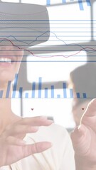 Poster - Animation of statistical data processing over caucasian woman wearing vr headset at office