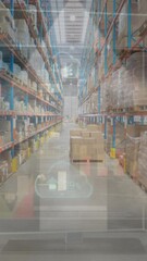 Poster - Animation of multiple arrow icons and clouds with increasing percentage against empty warehouse