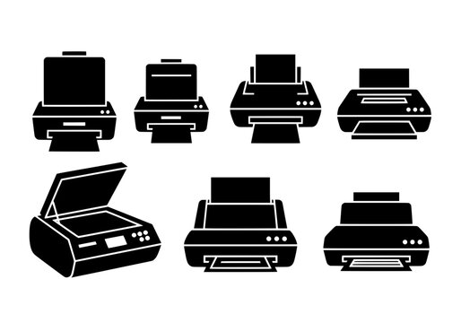 Vector silhouette of a collection of black and white icons representing various printers and scanners isolated on a white background