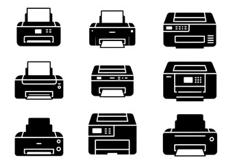 Poster - Vector silhouette of a collection of nine black and white printer icons, isolated on a white background
