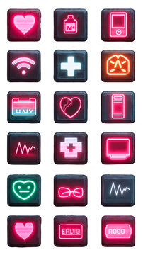 A set of glossy web buttons with various computer and internet symbols, including media play, home, mail, and arrow icons, ideal for business and web design illustrations
