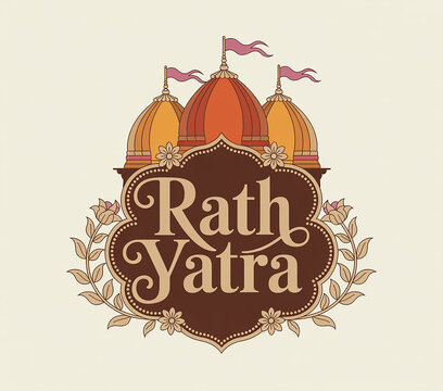 Colorful illustration of rath yatra celebration depicting temple domes and floral elements