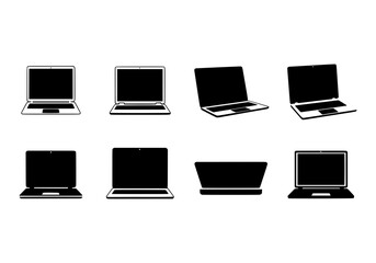 Poster - Vector silhouette of collection of laptop computer icons in various angles and views, isolated on white background