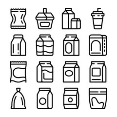 Poster - Collection of sixteen black and white line art icons depicting various food and beverage packaging types including pouches bags boxes cartons and cups illustrating diverse shapes sizes and