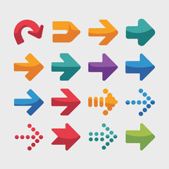 Poster - Collection of Sixteen Colorful Arrow Icons Various Styles and Directions Red Orange Yellow Green Teal Purple Blue Dotted Arrows Navigation Symbols
