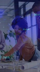 Poster - Animation of data processing over diverse business people with face masks using tablets