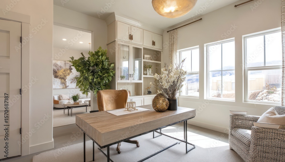 Light-filled home office with a spacious desk, neutral colors, and lots ...