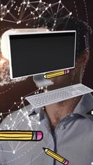 Poster - Animation of diverse data and screen over caucasian man in vr headset and digital padlock