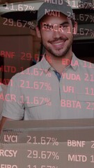 Poster - Animation of financial data processing over delivery man with managers