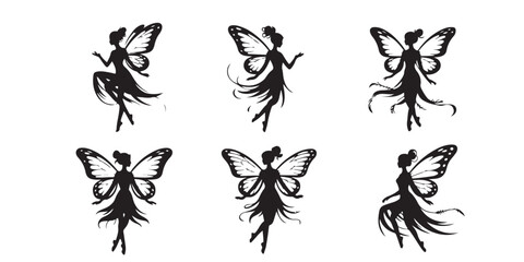 Aufkleber - Six identical fairy silhouettes with butterfly wings on a white isolated background in various poses