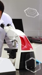 Poster - Animation of scientific data processing over male scientist using microscope in laboratory