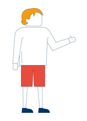 Poster - Faceless blond young man in red shorts gesturing 2D cartoon character. Minimal casual standing guy raising one hand in gesture flat vector person isolated on white. Spot illustration colorful