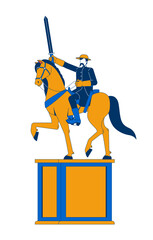 Poster - Horseback heroic soldier monument 2D cartoon character. Battle hero. Roosevelt historical equestrian statue with sword raised flat vector faceless person isolated on white. Spot illustration colorful