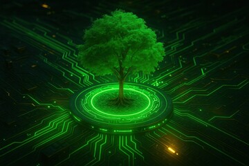 Poster - Digital Ecosystem: A vibrant, green tree flourishes amidst a digital circuit board, symbolizing the interconnectedness of nature and technology, and the potential for sustainable innovation.