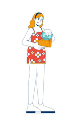 Poster - Blonde woman in floral dress taking money from wallet 2D cartoon character. Cash handling. Caucasian female shopper spending finance flat vector person isolated on white. Spot illustration colorful