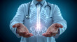 © Ada - The concept of the treatment of the spine, doctor, wearing a white lab coat and stethoscope, extends both hands towards the viewer, seemingly presenting or protecting a glowing, detailed 3D model