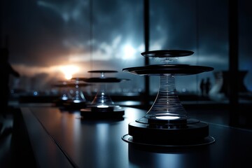 Poster - Unique light installations illuminate a modern space against a dramatic sunset backdrop