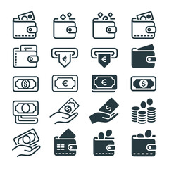 Poster - Collection of Twenty Dark Gray and White Wallet Money Cash and A T M Icons Vector Illustrations Finance Banking Symbols Set