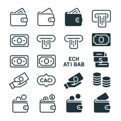 Poster - Collection of twenty dark teal and black line art icons depicting various financial transactions including wallets cash banknotes coins A T M machines and hand to hand exchanges against a