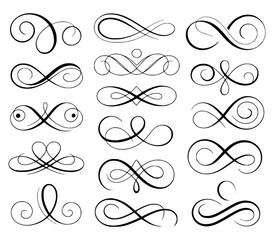 Set of elegant black swirls and flourishes on white background decorative design elements for graphic design