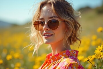 Poster - Vividly dressed fashion model striking a pose among wildflowers in a sunny field.