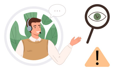 Poster - Customer service agent wearing headset interacts with speech bubble, green leaves background, caution triangle, magnifying glass with an eye. Ideal for communication, support, observation, caution