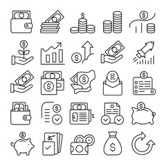 Poster - Collection of twenty five black and white line art financial icons depicting money growth investment savings and banking transactions including wallets piggy banks graphs charts coins bills