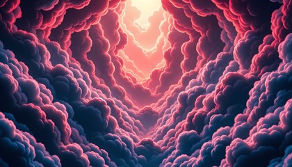 Poster - the image presents a view into what appears to be a vast, celestial cloud formation, the dominant color is a deep, rich red, which graduates to a lighter
