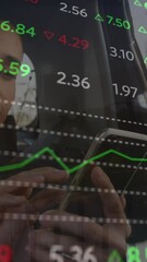Poster - Animation of financial data processing over caucasian businesswoman using smartphone
