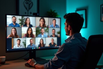 Aufkleber - Person engaged in video conference interviews and meetings with multiple participants on screen