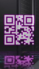Poster - Animation of neon qr code scanner against computer server room