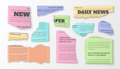 Poster - Torn newspaper and magazine clippings in pastel colors - paper scraps with headlines and article text. Colorful ripped media collage elements with ripped edges for scrapbooking or journalistic design.