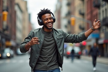 Poster - Energetic Portrait: Young Black Man Dancing with Joy on City Street Corner, Immersed in Urban Street Culture with Headphones On.