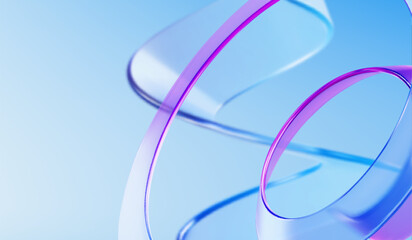 Poster - Spiral glass ribbons flowing - transparent purple and blue curves weaving, glossy twisted bands. Abstract wave patterns for modern wallpaper, tech background. Smooth crystal strips with motion effect.
