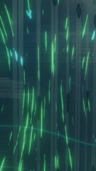 Poster - Animation of glowing green light trails spinning over empty computer server room