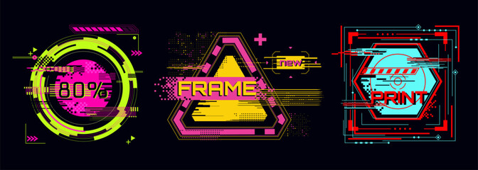 Leinwandbilder - Cyberpunk glitch frame collection with neon colors - circular badge, triangular border design, hexagonal print element. Digital interface graphics for futuristic ui, tech overlays and gaming assets.