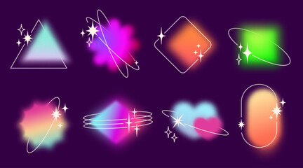 Poster - Y2k gradient shape set with glowing blur effects - triangle and diamond, flower and heart, square and rounded rectangle. Neon colored geometric elements with sparkles for retro futuristic designs.