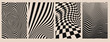 © klyaksun - Abstract wave patterns with optical illusions - black psychedelic stripes with hypnotic distortion effects, checkered tunnel perspective for retro poster designs, trippy bg or graphics elements.