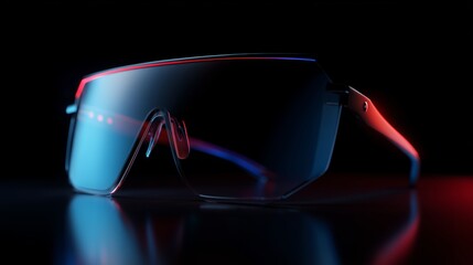 Poster - Stylish sunglasses on a reflective surface against a dark background showcasing vibrant colors