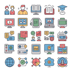 Fototapete - Colorful Vector Icons Set for Online Education Elearning Distance Learning Webinars Video Conferencing Communication Collaboration Teamwork Global Network Data Analysis and More