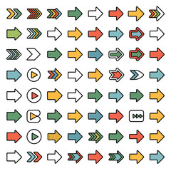 Poster - Diverse Grid of Colorful Arrows Icons Vector Illustration featuring various arrow styles including single arrows double arrows triple arrows curved arrows and play button symbols in a