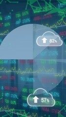 Poster - Animation of clouds with uploading globe and icons rotating over globe rotating with numbers process