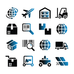 Poster - Global Logistics and Supply Chain Management Icon Set Black and Blue Gradient Minimalist Design Sixteen Shipping Delivery Transportation Symbols Airplane Warehouse Forklift Boxes Barcodes
