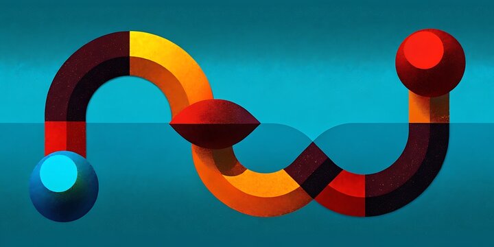 Colorful abstract geometric shapes create a modern design on a blue background.