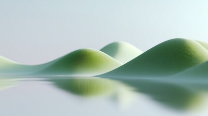 Poster - Green hills reflect in calm water creating a serene landscape at dawn