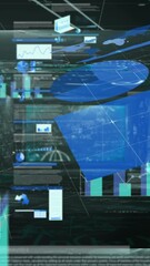 Poster - Animation of statistical data processing over screens with data processing on black background