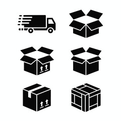 Poster - Six Black and White Delivery Icons Set including a Delivery Truck and Various Cardboard Boxes with Upward Arrows Indicating Proper Handling and Orientation for Shipping and Logistics