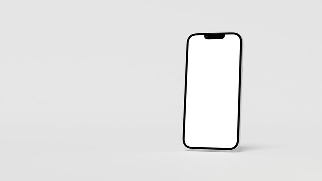 3D render of smartphone with blank white screen on a clean, light background.
