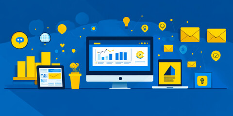 Poster - Digital marketing analytics and business communication concept with computer, tablet, laptop screens showing graphs, charts, email icons on blue background with yellow elements and data symbols