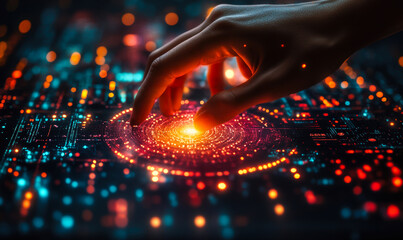 Poster - Human hand interacting with glowing digital interface on futuristic circuit board technology background representing data manipulation and artificial intelligence